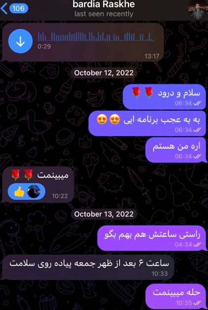 اسکرین شات چت تلگرام با بردیا راسخ برای قرار جمعه ساعت ۶ عصر پیاده راه سلامت